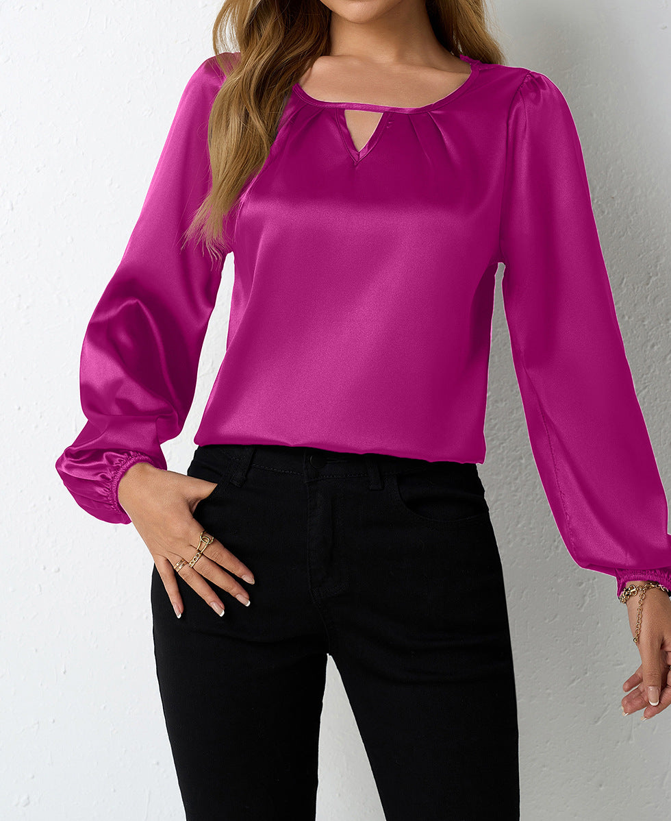 Damen elegante Satinbluse mit verspieltem Schlüsselausschnitt EB