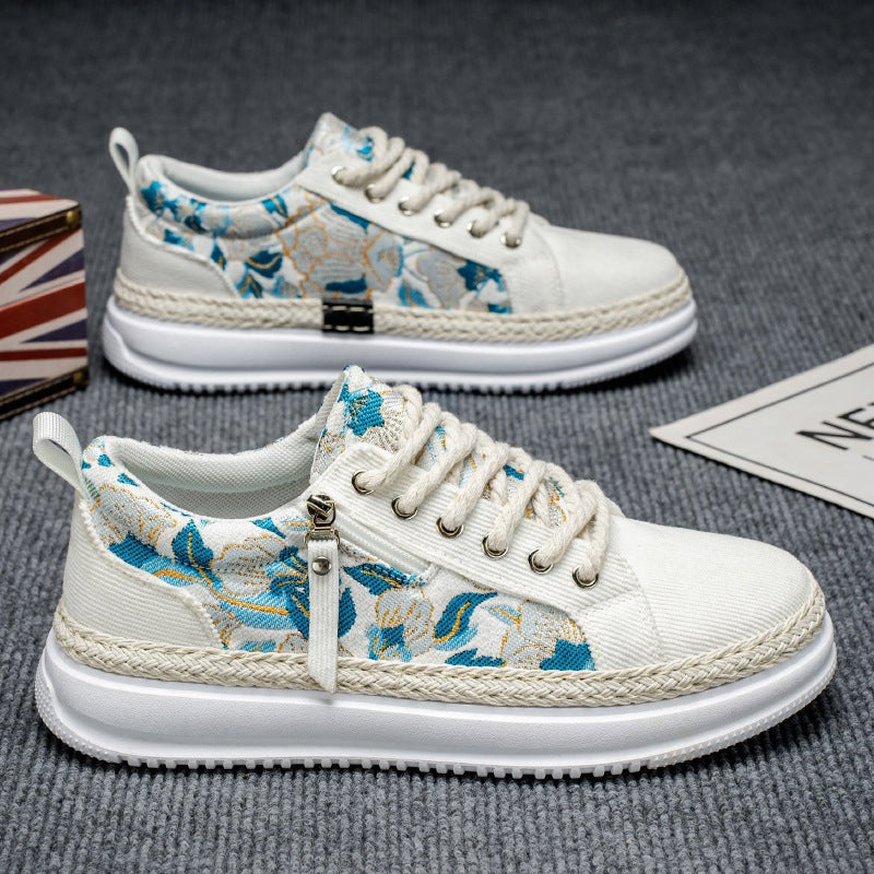 Damen gestickte Espadrille-Plateau-Sneaker mit floralem Jacquard, geflochtener Kordelsohle und gepolstertem Innenfutter EB