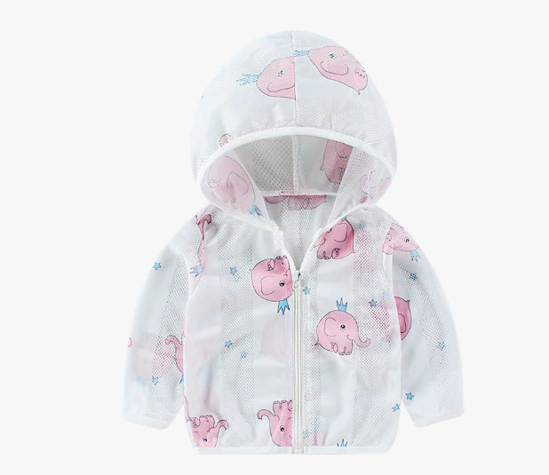 Unisex nan atmungsaktive Netz Kapuzen-Sonnenjacke für Säuglinge mit Reißverschluss und verspieltem Elefantenmotiv EB