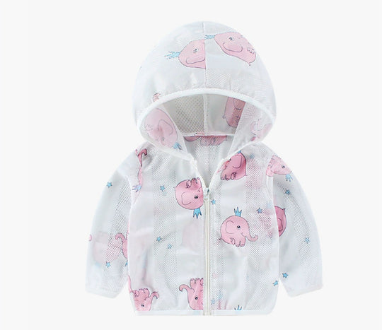 Unisex nan atmungsaktive Netz Kapuzen-Sonnenjacke für Säuglinge mit Reißverschluss und verspieltem Elefantenmotiv EB