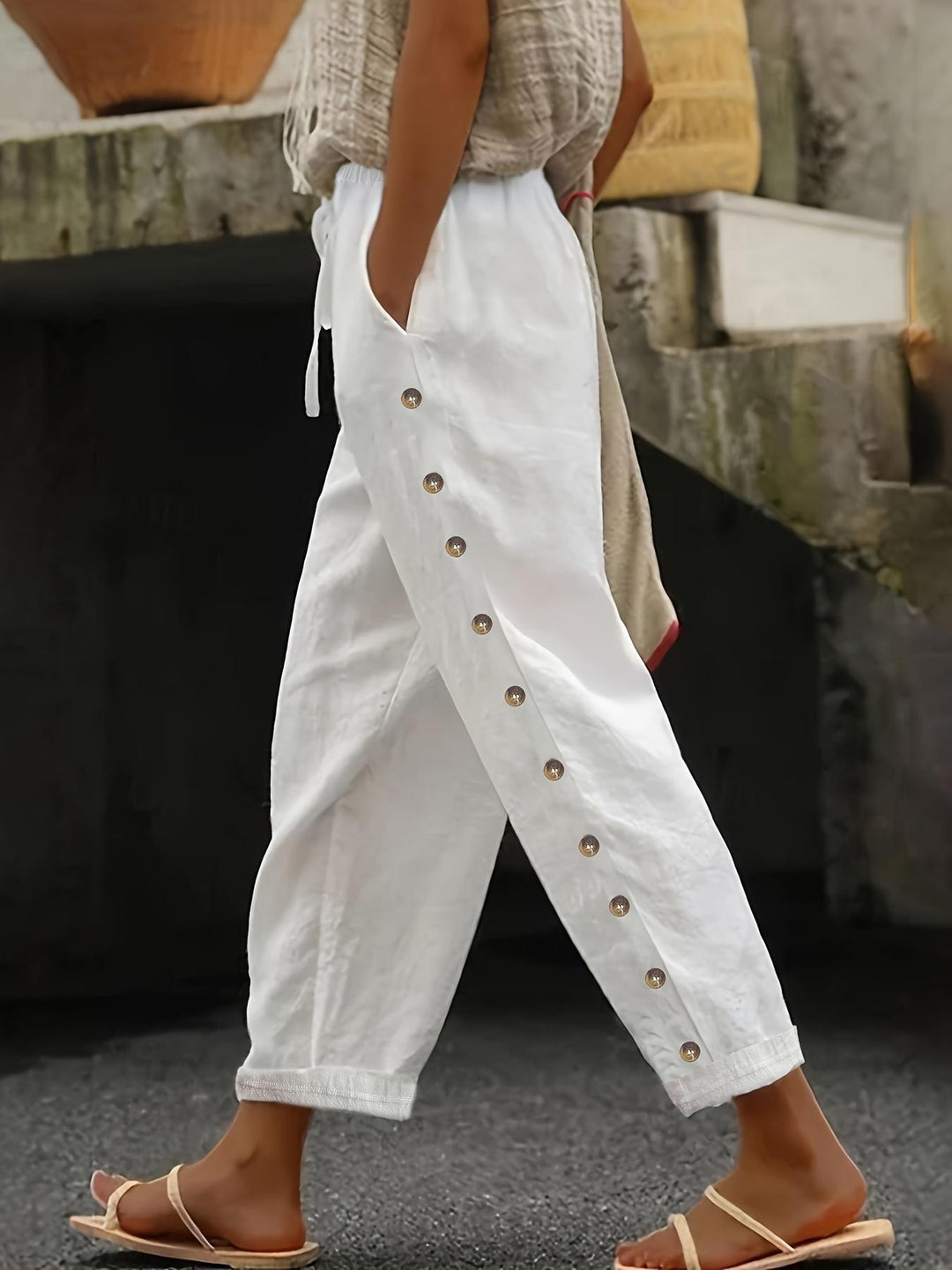Damen Modische Palazzo-Hose mit Knopfdetails und elastischem Bund EB