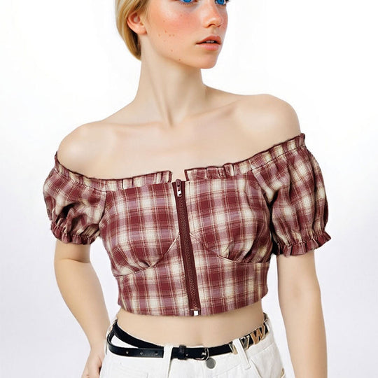 Damen Cropped Bluse mit Puffärmeln und Reißverschluss EB