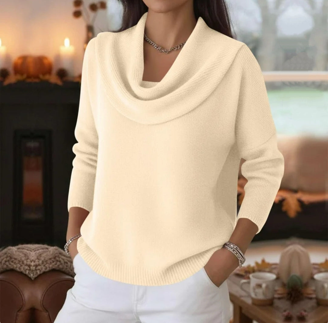 Damen Lässiger Schalkragen-Feinstrickpullover mit überschnittener Schulter und geripptem Saum EB