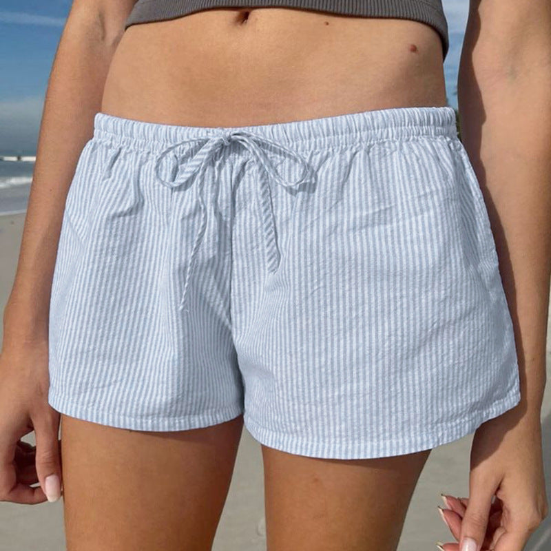Damen Kurzschlafhose mit elastischem Bund und modischem Bindegürtel EB