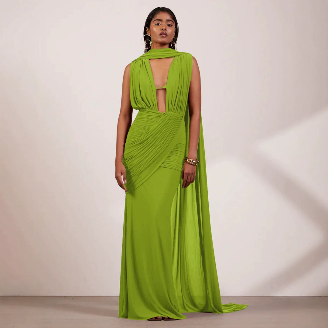 Damen bodenlanges Wickelkleid mit raffinierten Drapierungsdetails und elegantem V-Ausschnitt EB