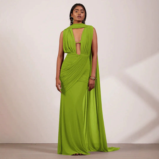 Damen bodenlanges Wickelkleid mit raffinierten Drapierungsdetails und elegantem V-Ausschnitt EB