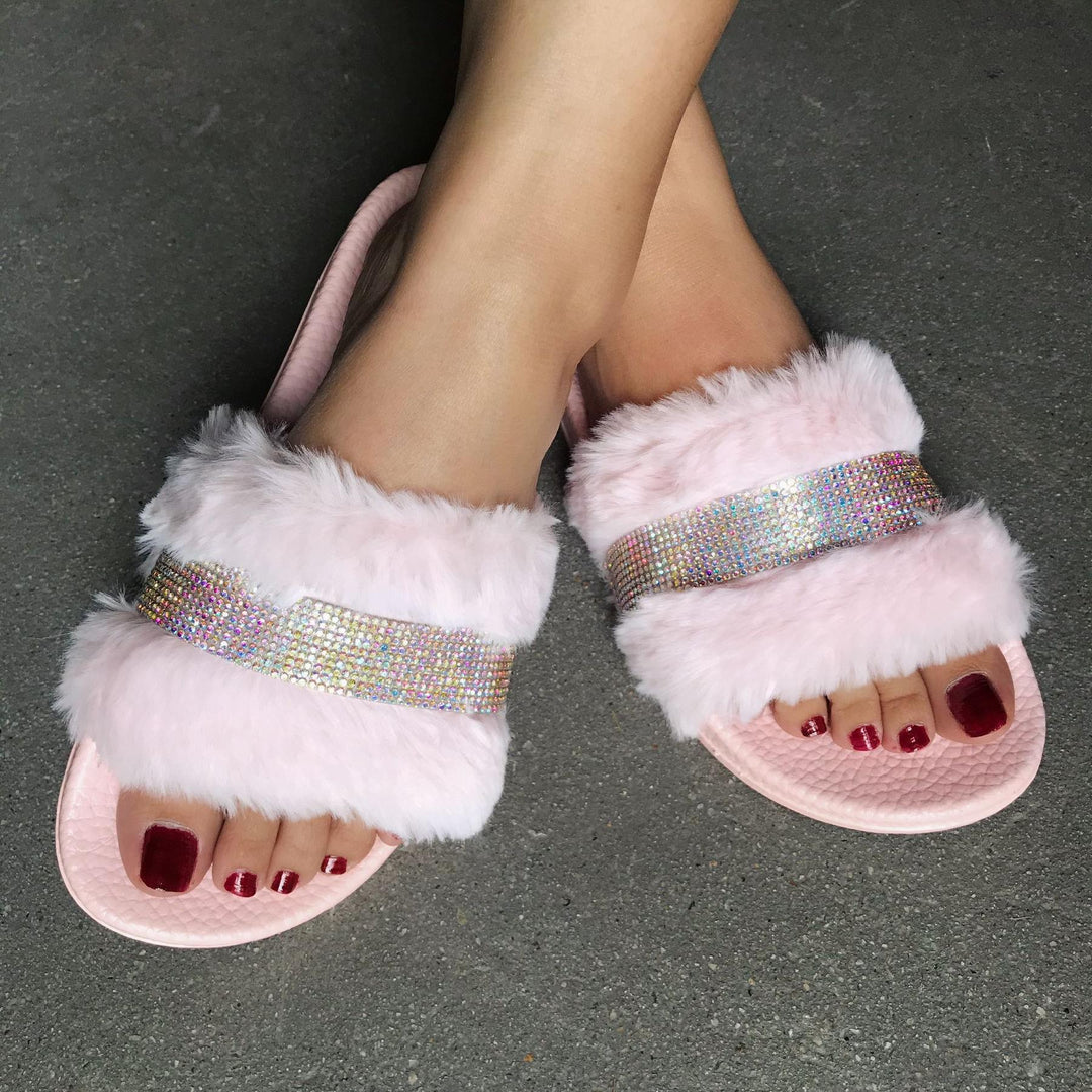 Damen Flauscher Slides mit Strass-Applikation EB