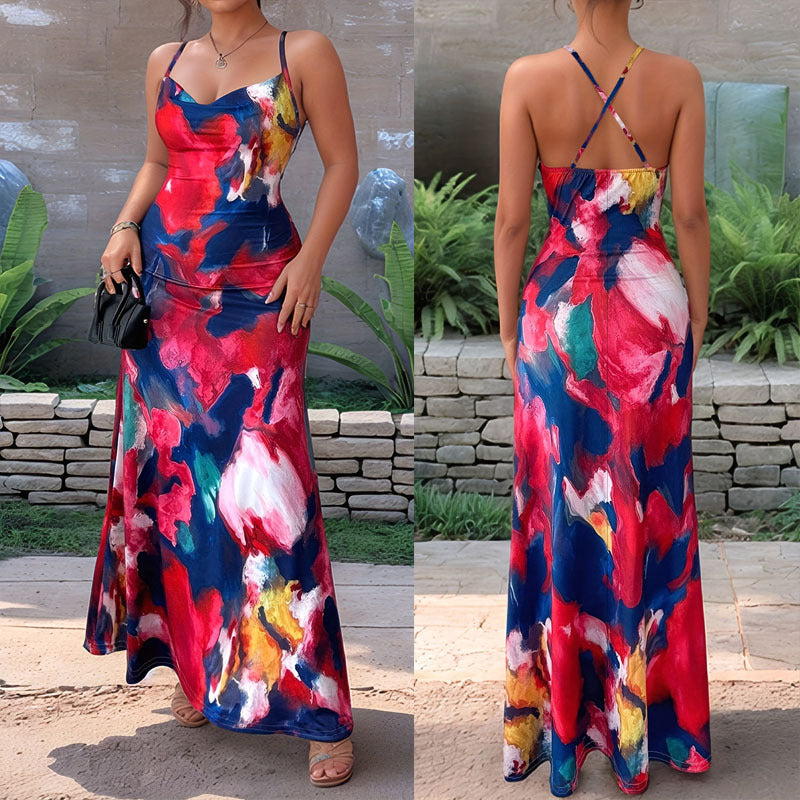 Damen Maxikleid mit floralem Aquarelldruck und schmalen Spaghetti-Trägern EB