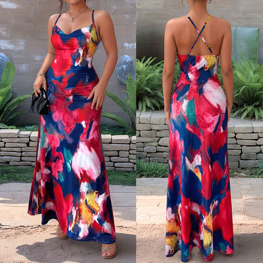 Damen Maxikleid mit floralem Aquarelldruck und schmalen Spaghetti-Trägern EB