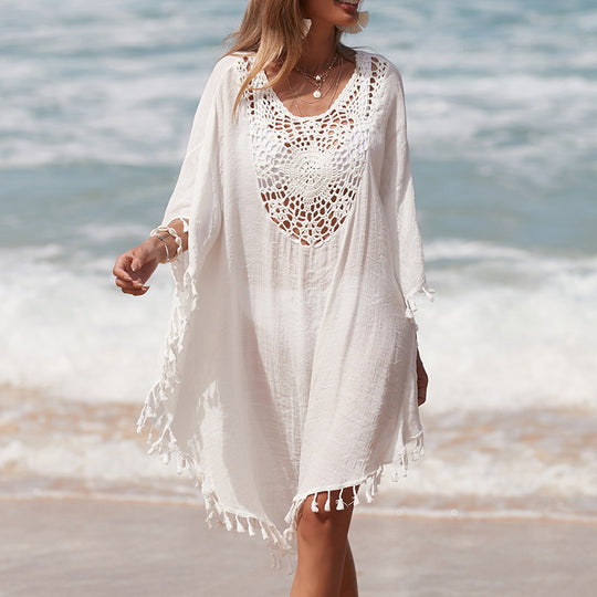 Damen Häkel-Strandüberwurf mit fransigem Saum und elegantem Lochmuster EB