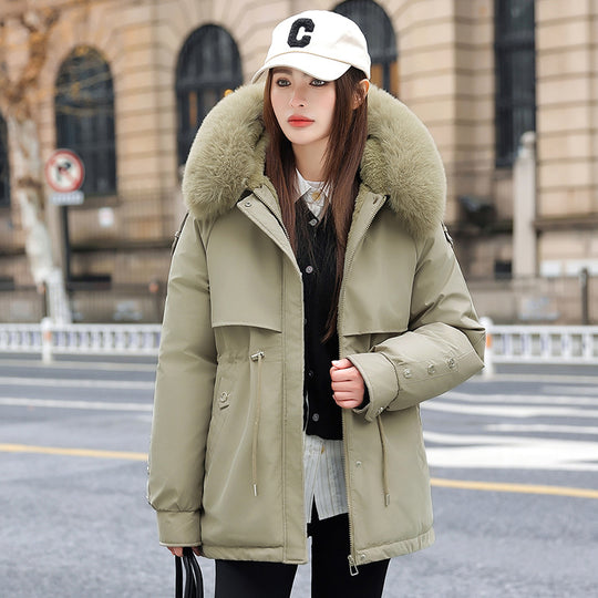 Damen Modischer Pufferparka mit luxuriösem Kunstfellkragen und praktischen Taschen EB