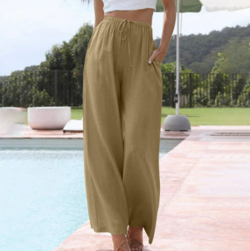 Damen weite Leinenhose mit elastischem Bund und praktischen Seitentaschen EB
