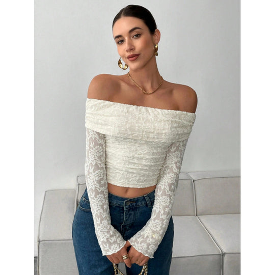 Damen Elegantes Off-Shoulder Oberteil mit Rüschendetails EB
