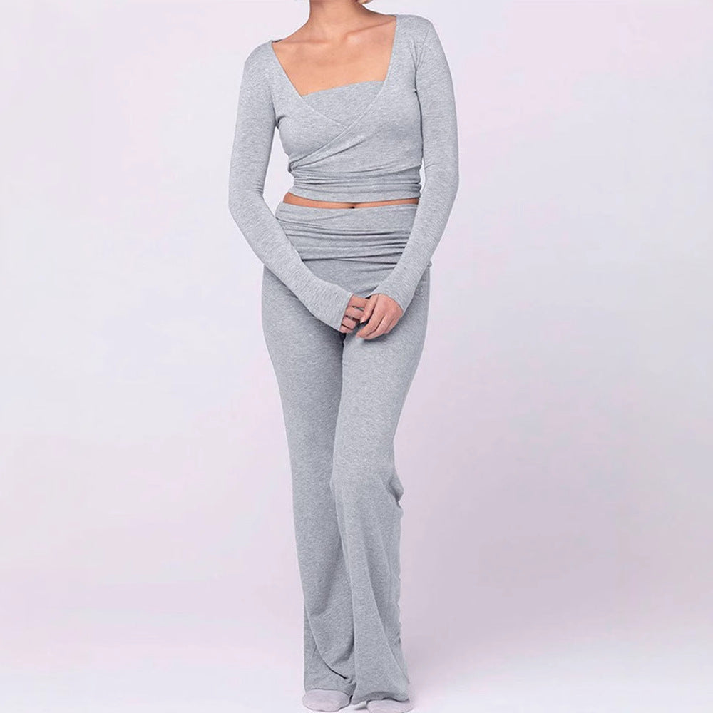 Damen modisches Two-Piece Set mit Wickeloberteil und Schlaghose EB