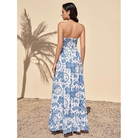 Damen Maxikleid im zeitlosen Paisleymuster mit schulterfreiem Design und voluminösem Saum EB