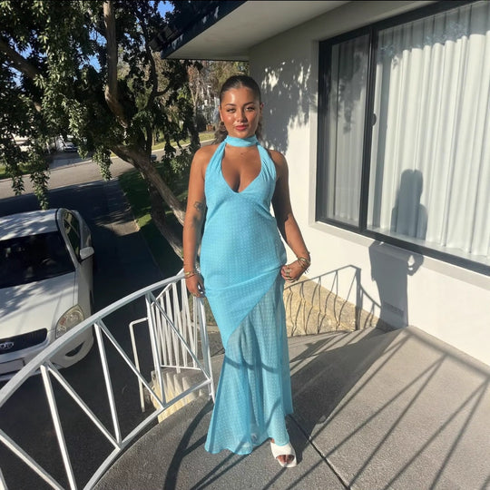 Damen Maxikleid mit raffiniertem Rückenausschnitt und eleganten Rüschen EB
