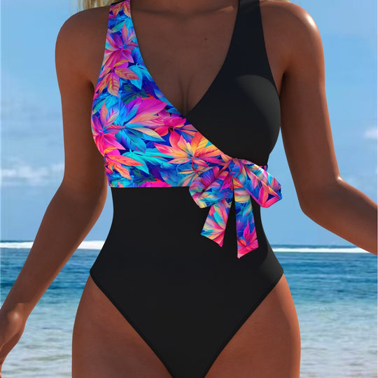 Damen Einteiler Badeanzug mit femininem Wickeldetail und auffälligem Floral-Design EB
