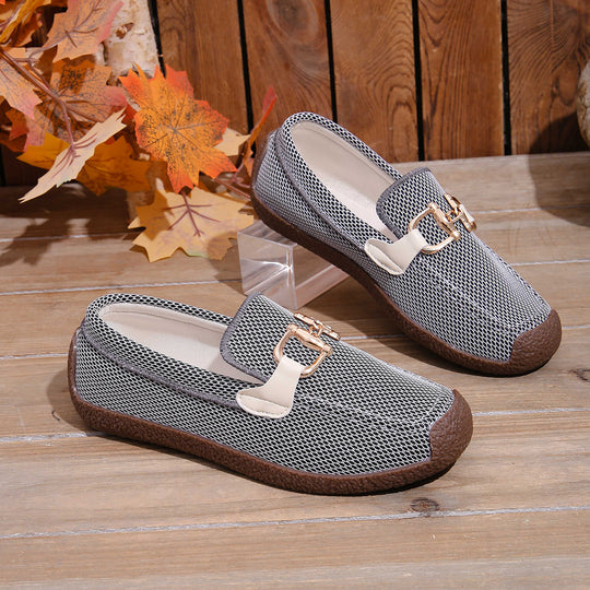 Damen leichte Slip-On Mokassins mit atmungsaktivem Mesh-Obermaterial und modischer Schnallenverzierung EB