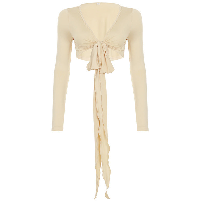 Damen Crop-Top mit verspieltem Bindeband und langen Ärmeln EB