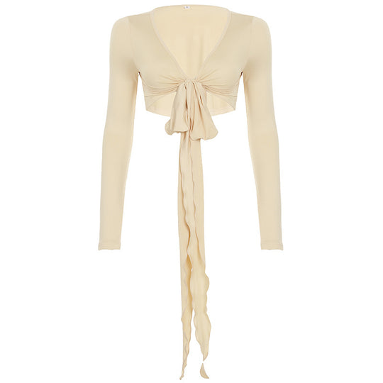 Damen Crop-Top mit verspieltem Bindeband und langen Ärmeln EB