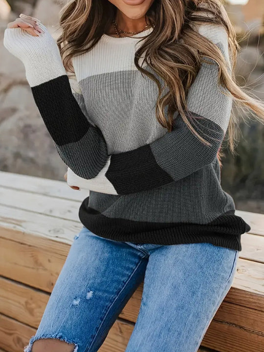Damen modischer Strickpullover mit modernem Streifen-Design und langen Ärmeln EB