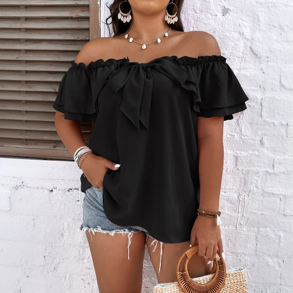 Damen Off-Shoulder Oberteil mit Schleifen-Details und Rüschensäumen EB