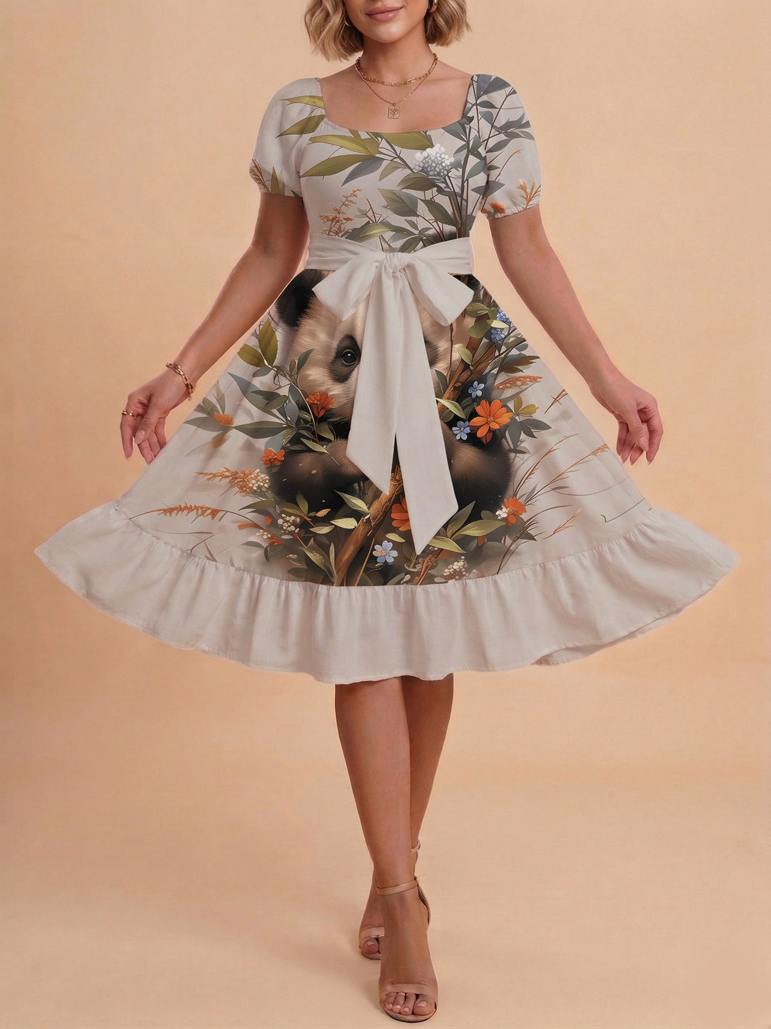 Damen Sommerliches Blumenkleid mit taillierbarem Gürtel und voluminösen Ärmeln EB