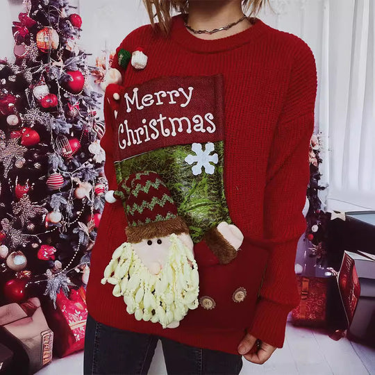 Damen Weihnachts-Pullover mit festlichem Design und 3D-Applikationen EB