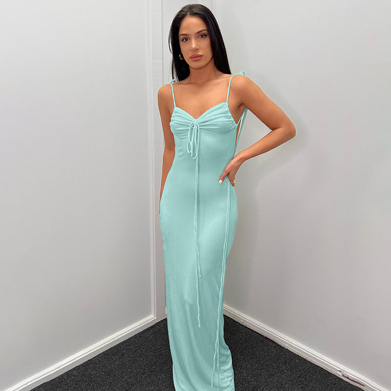 Damen Elegantes Maxikleid mit verstellbaren Spaghetti-Trägern und raffiniertem Kordelzug EB