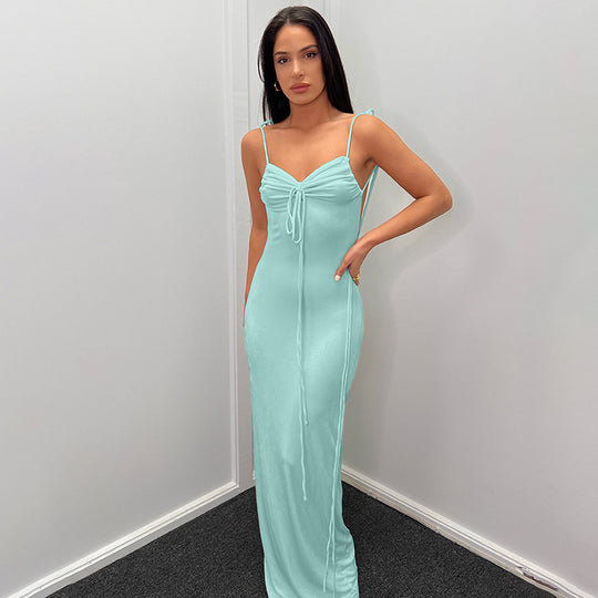 Damen Elegantes Maxikleid mit verstellbaren Spaghetti-Trägern und raffiniertem Kordelzug EB