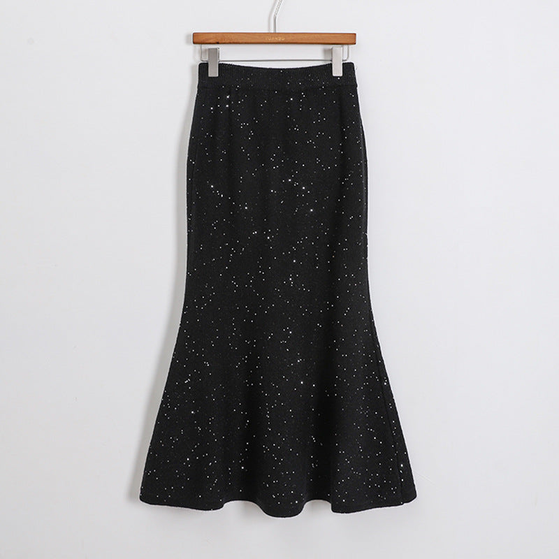 Damen  figurbetonter gestrickter Midirock mit Glitzerfaser und Trompetensaum EB