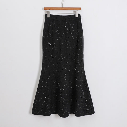 Damen  figurbetonter gestrickter Midirock mit Glitzerfaser und Trompetensaum EB