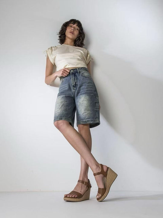 Damen lässige Denim-Shorts mit hohem Bund und weitem Schnitt EB