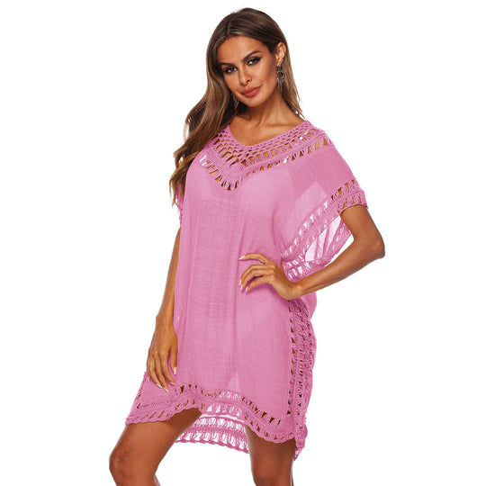 Damen Häkel-Strandüberwurf mit elegantem V-Ausschnitt und fransigen Details EB