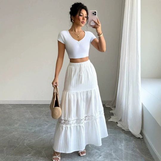 Damen Crop-Top und Maxi-Rock Set mit Rüschendetails EB