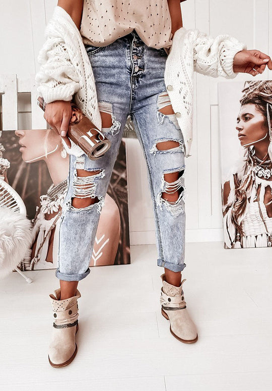 Damen Destroyed Boyfriend Jeans Im Lässigen Vintage-Stil mit Hohem Bund EB