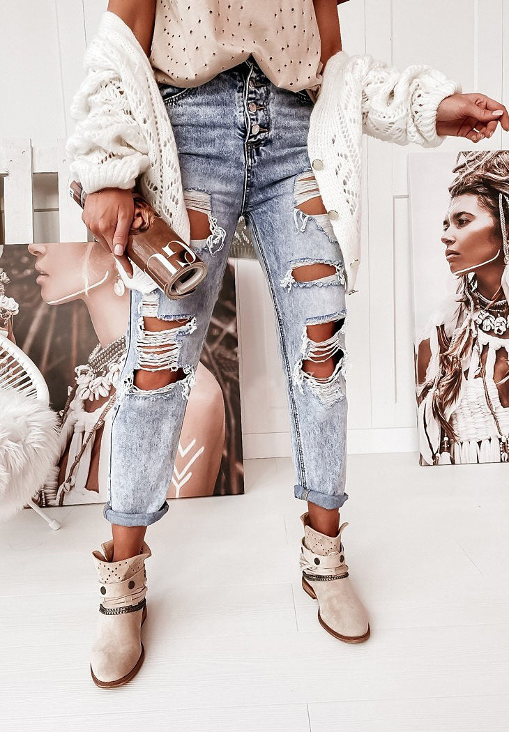 Damen Destroyed Jeans im lässigen Boyfriend-Schnitt mit hohem Bund und Details EB