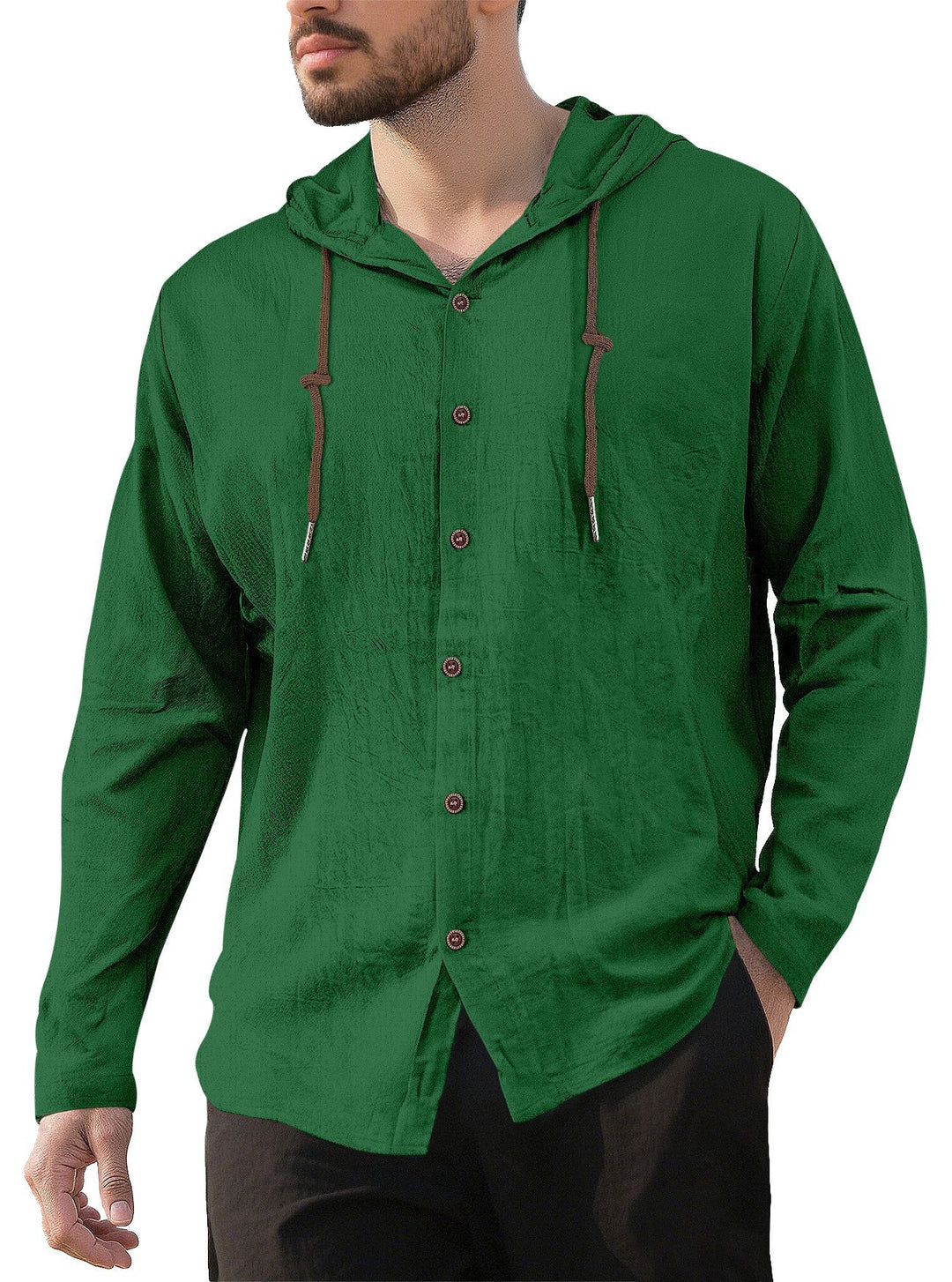 Herren nan Kapuzenhemd im Leinen-Look mit durchgehender Knopfleiste und Kordelzug EB