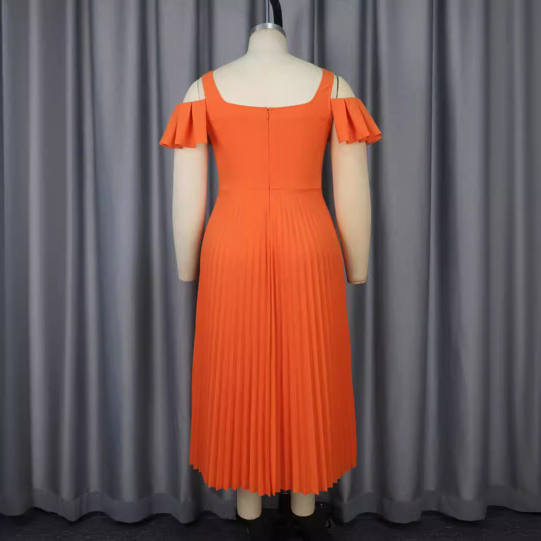 Damen plissiertes Kleid mit schulterfreien Rüschen EB