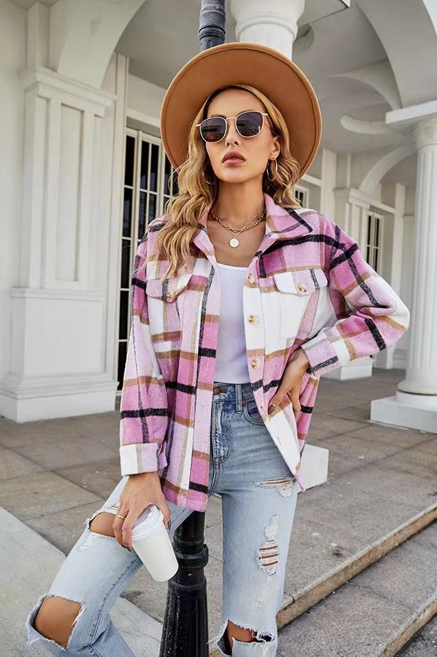 Damen Karierte Flanelljacke mit Knopfleiste und Taschen EB