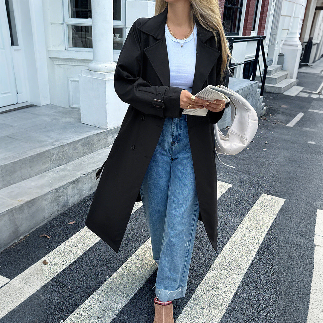 Damen nan klassischer Trenchcoat mit Doppelreihe, Taillengürtel, verstellbaren Manschetten und geraden Knopfleiste EB