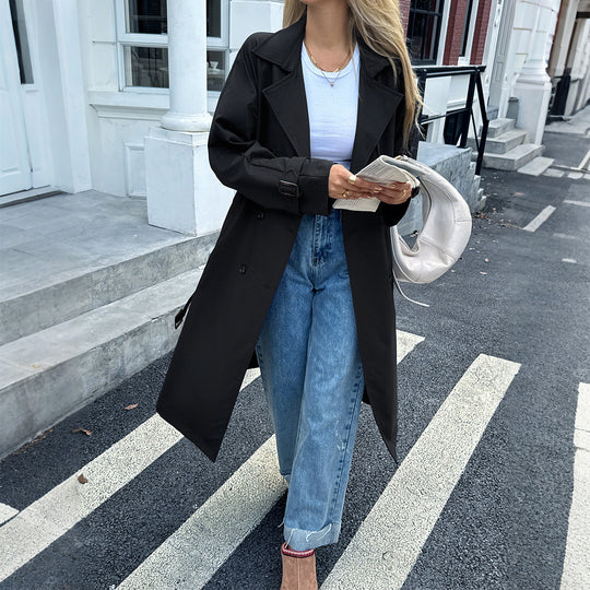 Damen nan klassischer Trenchcoat mit Doppelreihe, Taillengürtel, verstellbaren Manschetten und geraden Knopfleiste EB