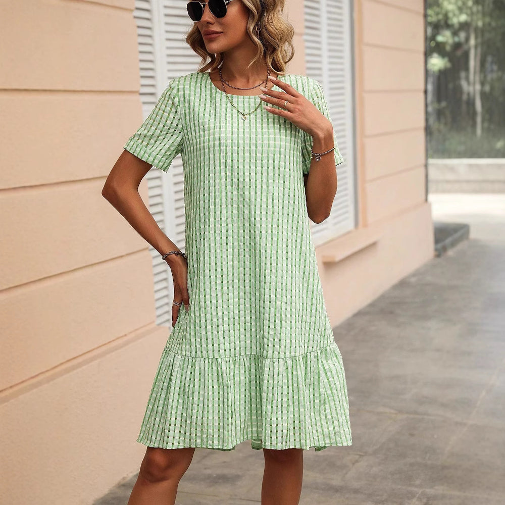 Damen lässiges Hemdkleid mit Rüschensaum und kariertem Muster EB