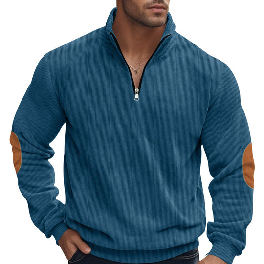 Herren nan Troyer-Halbfleecepullover mit Rippstruktur, elastischen Bündchen und Kontrast-Ellenbogenpatches EB