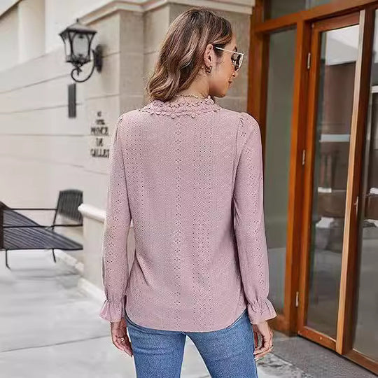 Damen elegante Bluse mit floralem Design und V-Ausschnitt EB