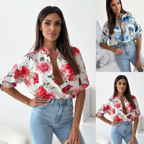 Damen Blumige Oversized Hemdbluse mit kurzen Ärmeln EB