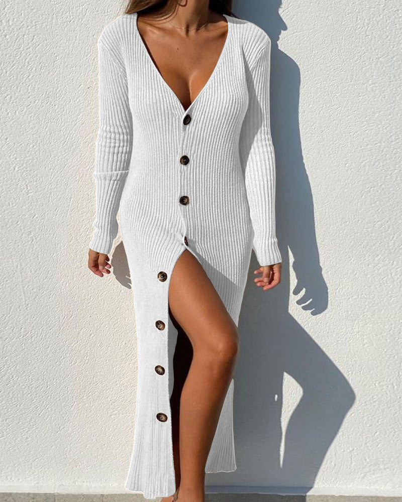 Damen Strickkleid mit Knopfleiste und Schlitzausschnitt EB