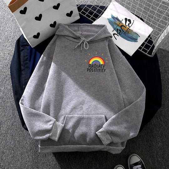 Damen nan lockerer Kapuzenpullover mit Regenbogen-Motiv, weichem Fleecefutter und Kängurutasche EB