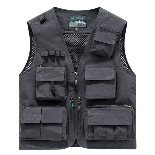Herren Multifunktionale Outdoor-Utility‑Weste mit Mesh‑Innenfutter und zahlreichen Taschen EB