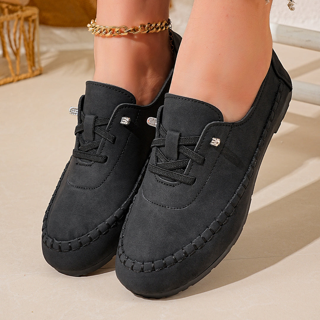 Damen nan atmungsaktive Mokassin-Slipper aus Mikrofaser mit elastischer Schnürung und rutschfester Gummisohle EB